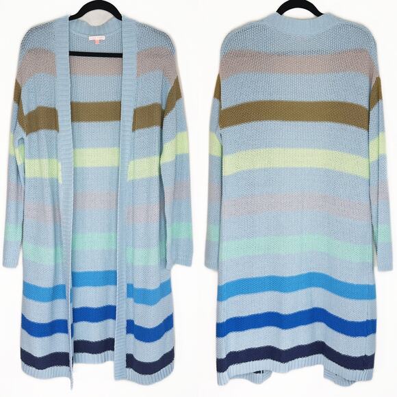 Lisa Todd Sand Sweeper Aqua Combo Striped Knit Long Open Cardigan Duster Sweater - Picture 2 of 11